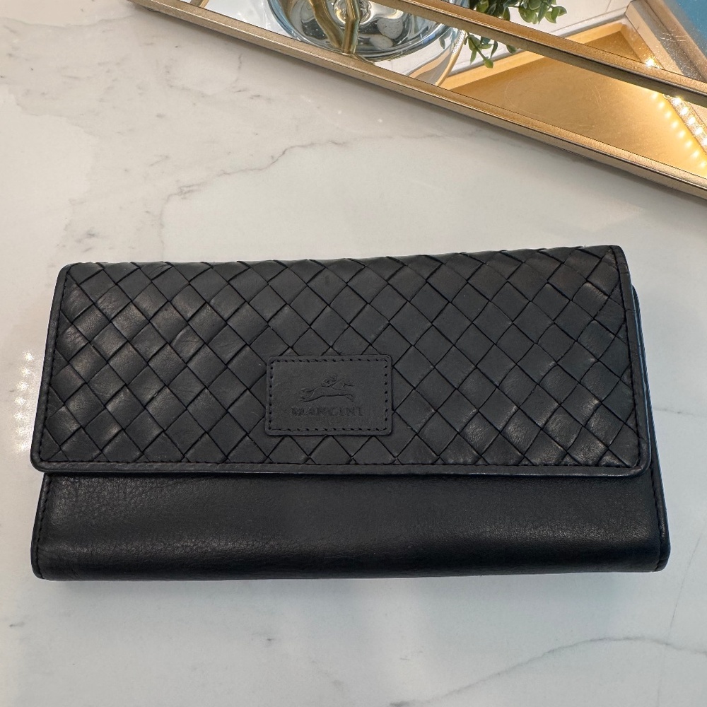 MANCINI Black Leather Basket Weave RFID Secure Wallet